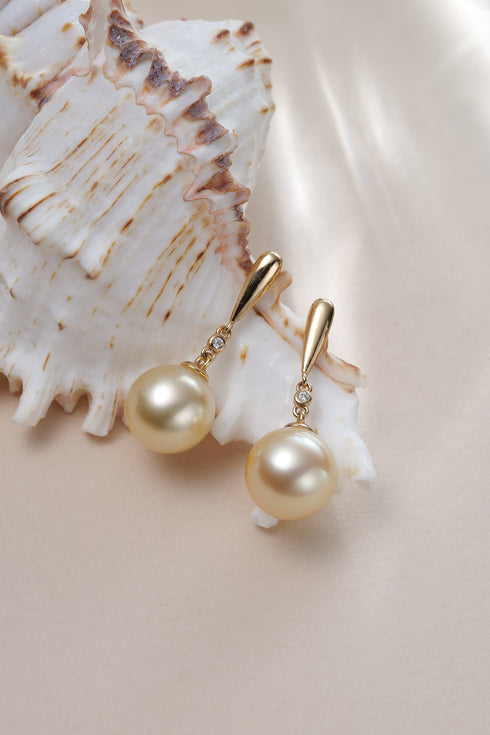 Earrings: 10–11mm Golden South Sea Pearl Dainty Gold Drop, pair with gold-tone drop settings