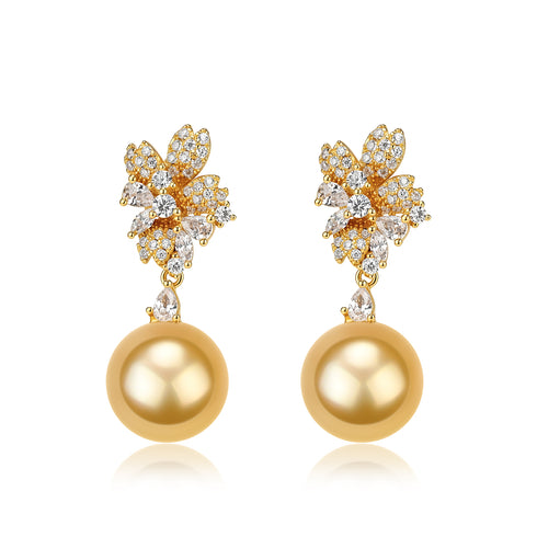 10-11mm Golden South Sea Pearl Flora Bloom Drop Earrings; pair with gold-tone floral pavé cluster and pearl drops