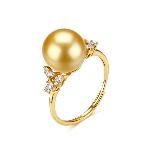 Ring featuring 10-11mm South Sea golden pearl with diamond-accented yellow gold band.