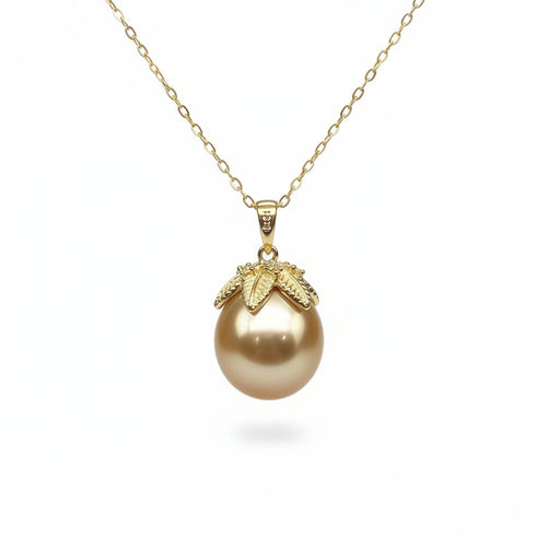 Pearl pendant necklace by House Of Pearls TA, 12–13mm golden South Sea pearl with diamond-accented leaf cap on gold chain