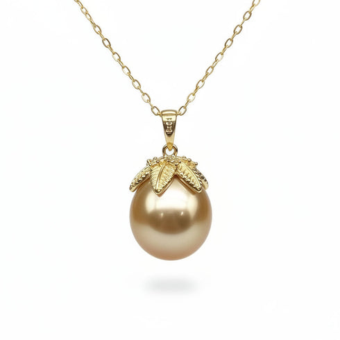 Pearl pendant necklace by House Of Pearls TA, 12–13mm golden South Sea pearl with diamond-accented leaf cap on gold chain
