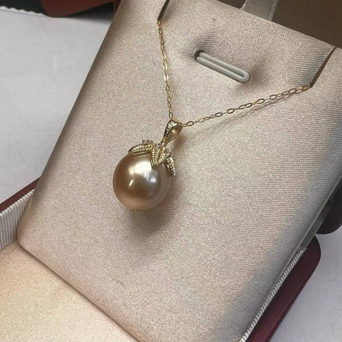 12-13mm Golden South Sea pearl pendant necklace with diamond-accent crown on a gold chain