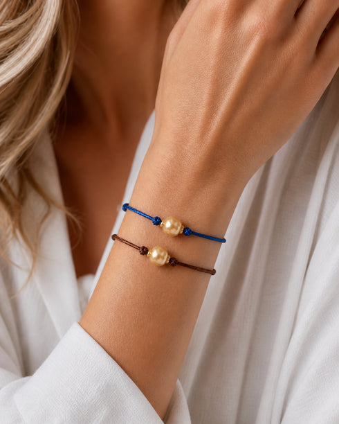 Bracelets: House of Pearls-TA Golden South Sea Baroque Pearl leather knotted cord bracelets, blue & brown, 2-piece set