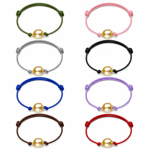 Golden South Sea Baroque Pearl Leather Bracelet set: 12 knotted adjustable-cord bracelets in assorted colors.