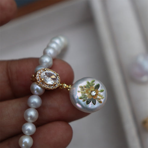 Hand-Painted Bee & Flower Baroque Pearl Clip Pendant Only - Pendant made with hand-selected pearls from House of Pearls