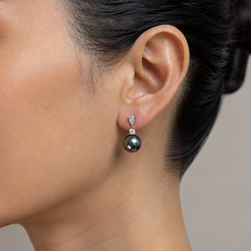 Tahitian Pearl Line Drop Earrings, 10–11mm dark pearl, diamond-stud top, sterling silver