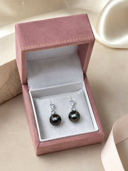 Earrings, Tahitian pearl line drop, 10–11mm, sterling silver, dark peacock pearls in pink velvet box.