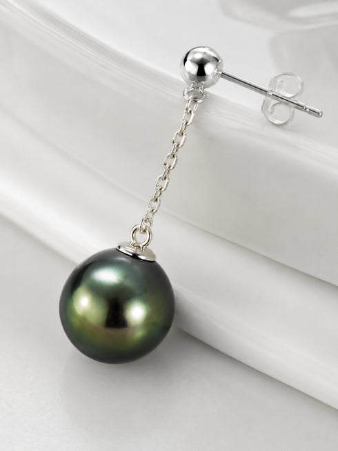 Tahitian Pearl Drop Earrings, sterling silver, peacock-green pearl on a delicate chain