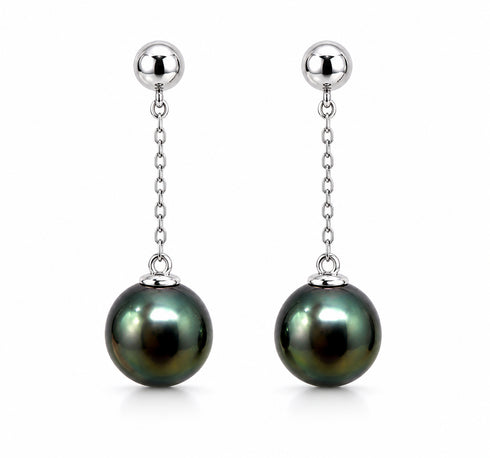 Tahitian Pearl Drop Earrings, sterling silver, peacock-green Tahitian pearls on chains, pair