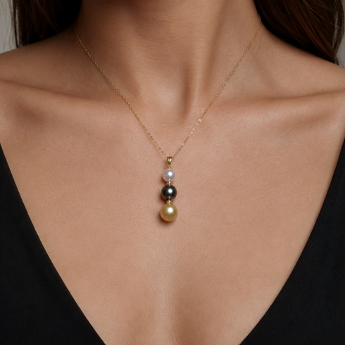 Seawater Multicolor Triple Pearl Pendant Necklace on a delicate gold chain by House of Pearls