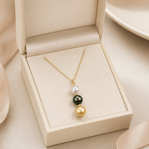 Seawater Multicolor Triple Pearl Pendant Necklace on gold chain by House of Pearls.