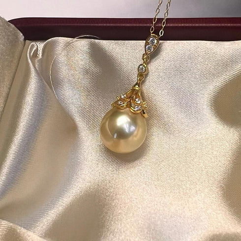 12–13mm Golden South Sea Pearl Diamond Pendant Necklace on gold chain, House Of Pearls - TA