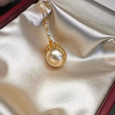 South Sea golden pearl pendant necklace, 12–13mm with diamond-accent bail on a gold chain, House Of Pearls - TA