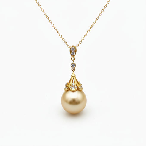 Pearl pendant necklace, 12–13mm Golden South Sea pearl on a gold chain with diamond accents; House Of Pearls - TA