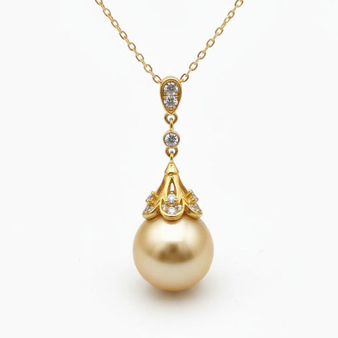 Pearl pendant necklace, 12–13mm Golden South Sea pearl on a gold chain with diamond accents; House Of Pearls - TA