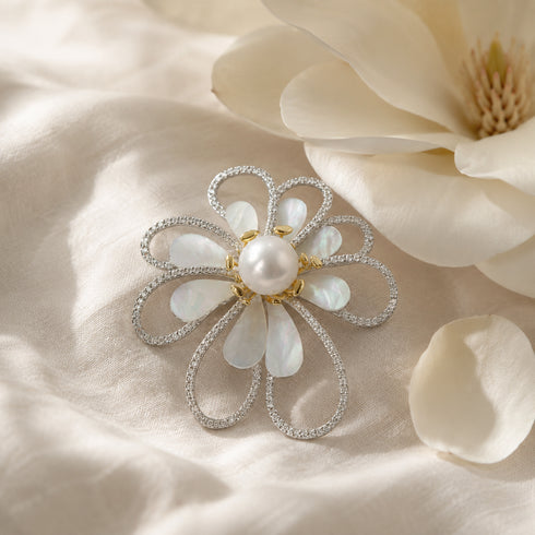Flower brooch with freshwater pearl center, iridescent mother-of-pearl petals, crystal trim, House Of Pearls