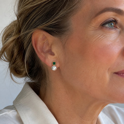 Sasha Stud Earrings by House Of Pearls LC with green zirconia square, gold-tone setting, and 7–8mm white Akoya pearl.