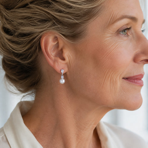 Earrings: 7-8mm white Akoya pearl drop with sparkle zirconia accents
