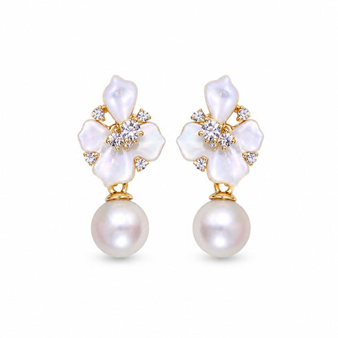 Earrings: House Of Pearls floral mother-of-pearl drops with crystal accents and dangling pearls, gold-tone setting