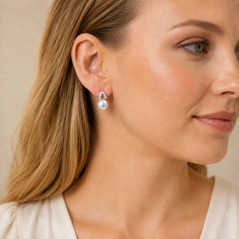 Earrings by House Of Pearls: 8–9mm Akoya pearl drop with CZ-trimmed triangular setting