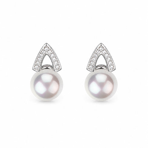 Pair of Akoya pearl stud earrings by House Of Pearls, 8-9mm pearls with pave cubic zirconia on triangular settings