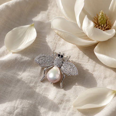 Cubic Zirconia Bee Brooch by House Of Pearls - QD with jeweled wings and pearl body