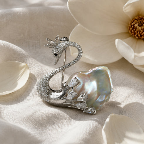 Baroque Pearl and Zirconia Swan Brooch by House Of Pearls - QD; silver-tone swan encrusted with zirconia crystals.