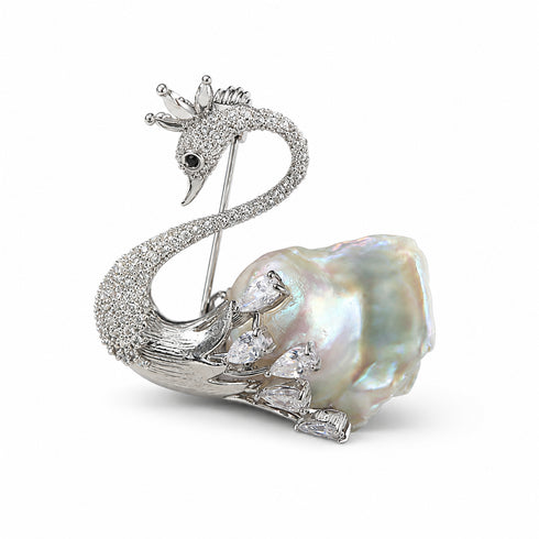 Baroque Pearl and Zirconia Swan Brooch, silver-tone with clear crystals and a large iridescent pearl, House Of Pearls - QD