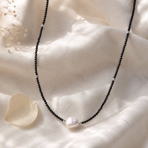 Necklace: black spinel bead choker with central baroque pearl pendant by House Of Pearls VA