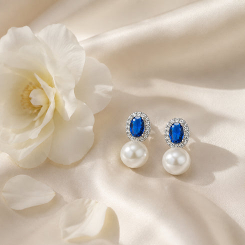 Pair of earrings, 7-8mm blue crystal CZ with halo and pearl drops, House Of Pearls -ZY