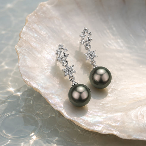 10-11mm Tahitian Pearl Stellar Night Drop Earrings with crystal floral clusters