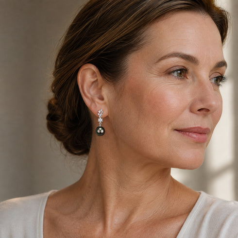 Earrings House Of Pearls 10-11mm Tahitian Pearl Stellar Night Drop with diamond-accent chain