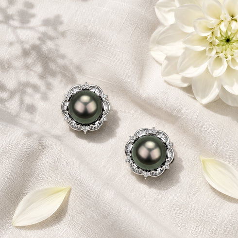 10–11mm Tahitian Pearl Floral Halo Stud Earrings, pair of dark pearls with diamond halo, House Of Pearls XM