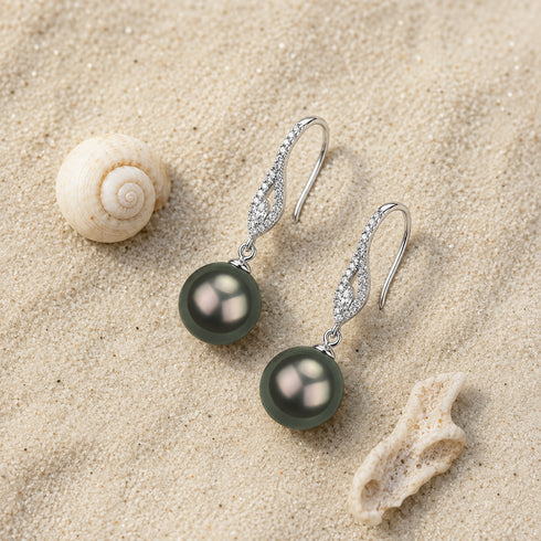 Earrings: 10–11mm Tahitian Pearl Pavé Swirl Hook with dark gray-green pearls and silver pavé accents