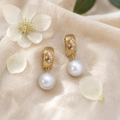 11-12mm freshwater pearl & vintage gold earrings featuring gold hoops with diamond-accent floral top and pearl drop