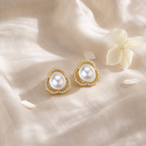 Earrings: 7–8mm Akoya pearl trefoil stud earrings in gold with pavé diamonds, House Of Pearls - XM (pair)