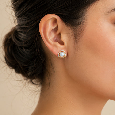 Earrings: 7–8mm Akoya pearl trefoil stud in gold with pavé diamonds, House Of Pearls XM