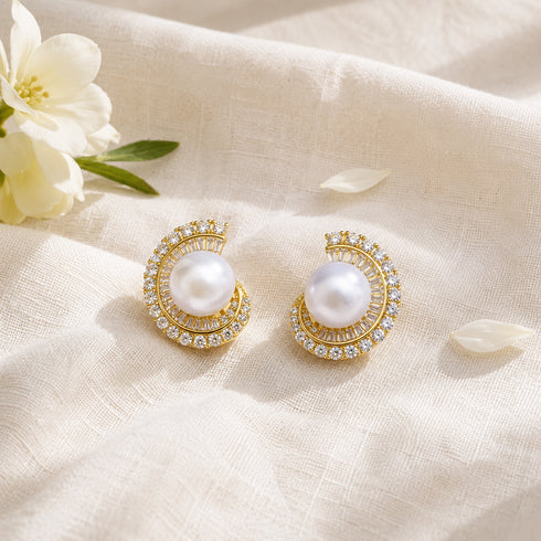 Earrings: Camille 11–12mm freshwater pearl with gold-tone crystal halo by House of Pearls-JT, pair