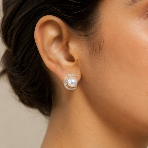 Earrings 11-12mm freshwater pearl Camille, gold-tone setting with pave diamonds