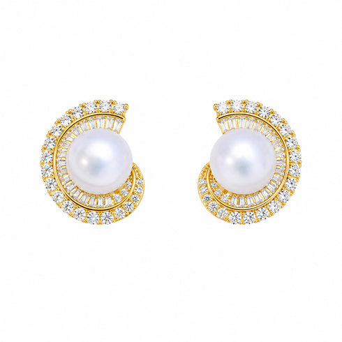 Earrings, pair, 11-12mm freshwater pearl Camille style with gold setting and crystal halo, House of Pearls-JT.