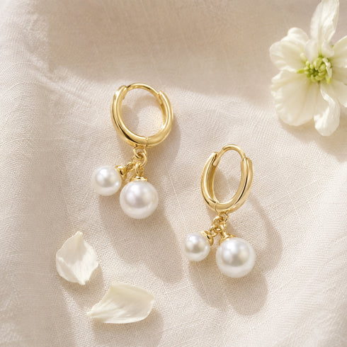 Earrings: gold hoop with twin freshwater pearl drops, House Of Pearls -TA