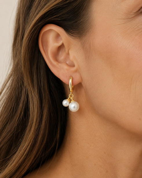 Dual freshwater pearls gold hoop earrings by House Of Pearls -TA with two dangling pearls