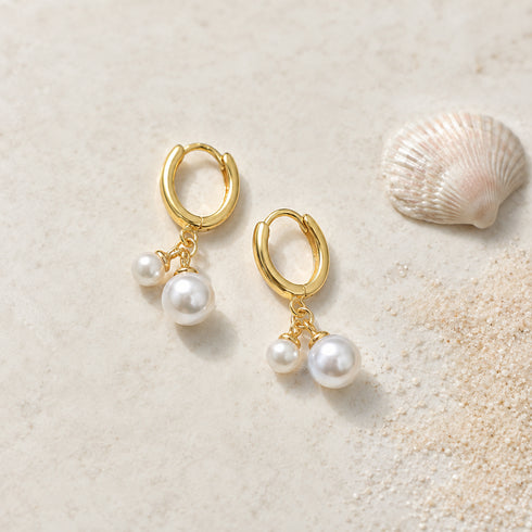 Pair of gold hoop earrings with double freshwater pearl drops, House Of Pearls -TA