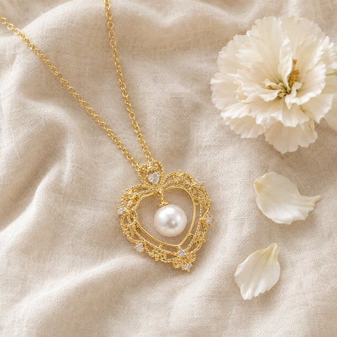 Vintage hollow heart freshwater pearl pendant necklace in gold-tone with filigree detailing, House of Pearls-TA