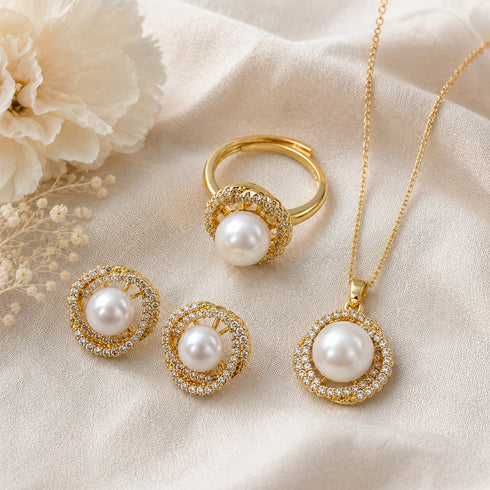 Floral CZ Button Pearl Jewelry Set by House Of Pearls - VA: gold-tone with pearls; ring, earrings and pendant necklace