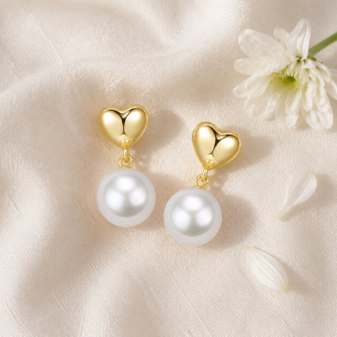 Earrings: House of Pearls-JT gold heart studs with 10–11mm freshwater pearl drops (pair)