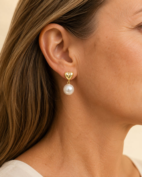 Earrings: gold-tone heart stud with a 10–11mm freshwater pearl drop, House of Pearls-JT