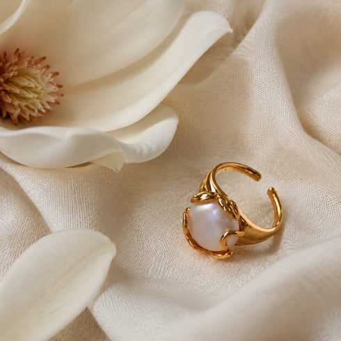 Flower Bud Baroque Pearl Ring with gold-tone band and white pearl