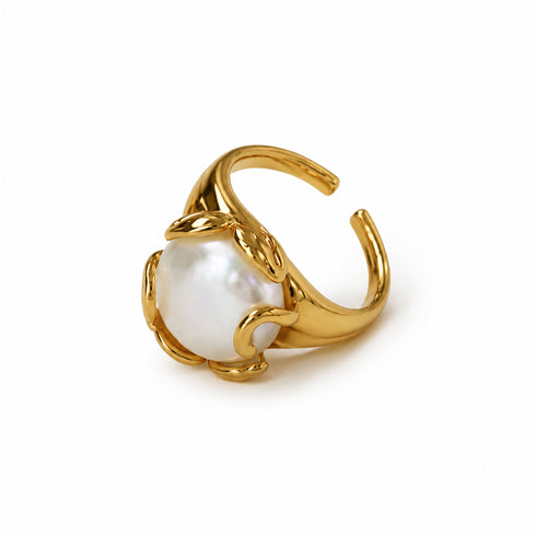 Ring, Flower Bud Baroque Pearl, gold-tone open-band with large pearl, House Of Pearls - QD