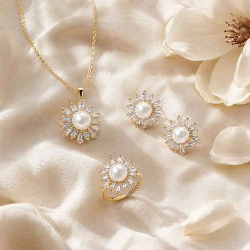 Snowflake freshwater pearl jewelry set in gold-tone metal; 4-piece includes necklace, two earrings, and ring.